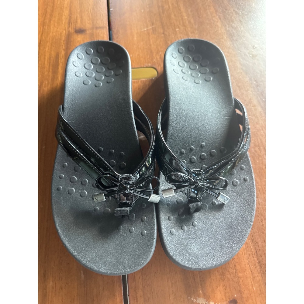 Vionic Bella II Black Patent Bow Orthotic Toe Post Sandals Womens Size 8